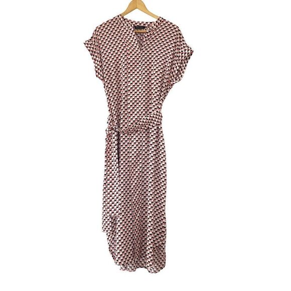 M&S Collection Pink Navy Geometric Pattern Cuffed Short Sleeve Midi Dress - Picture 1 of 9